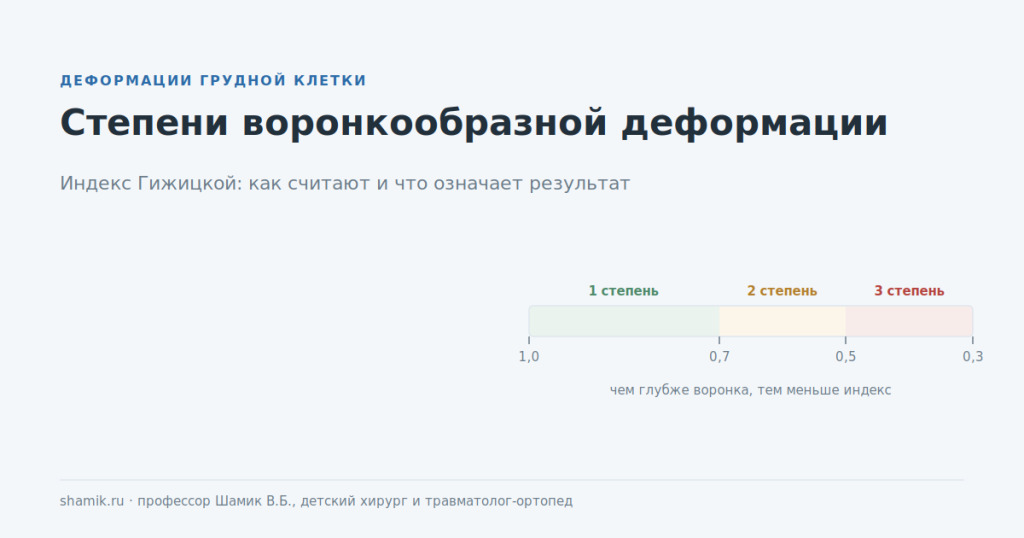 Степени воронкообразной деформации по индексу Гижицкой: шкала от 1,0 до 0,3