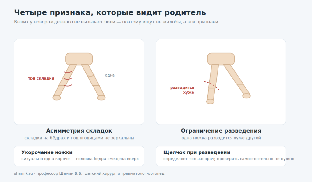 Признаки врождённого вывиха бедра: асимметрия складок, ограничение разведения, укорочение ножки