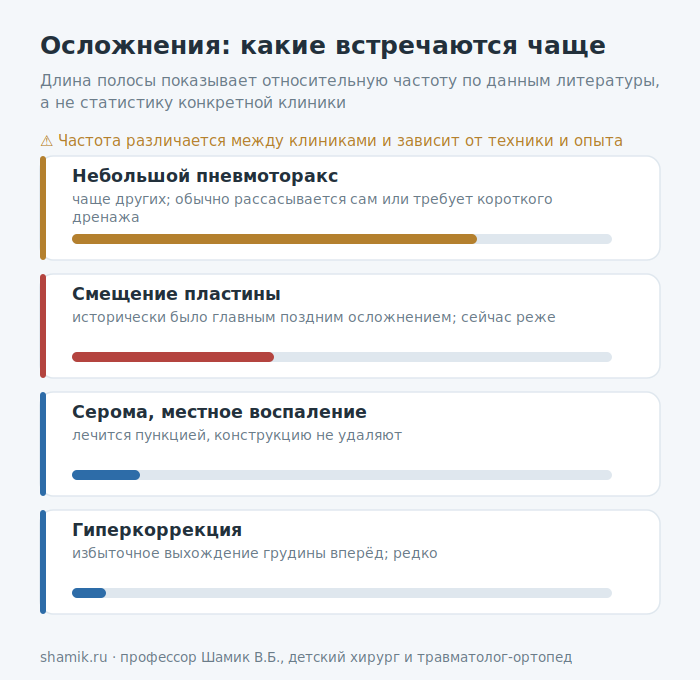 Относительная частота осложнений после операции при воронкообразной деформации
