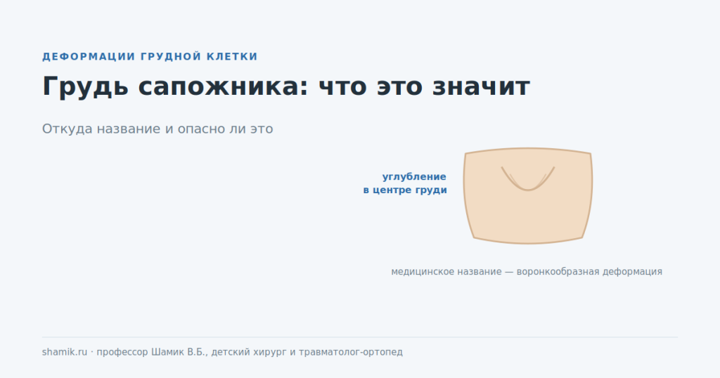 Грудь сапожника: углубление в центре грудной клетки, медицинское название — воронкообразная деформация