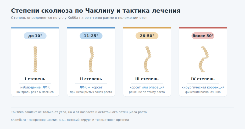 Степени сколиоза у детей по Чаклину: углы Кобба и тактика лечения